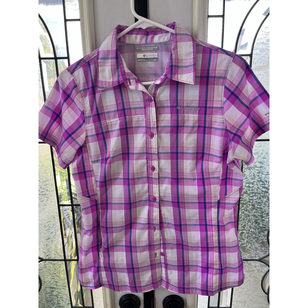 Columbia Sportswear Womens Plaid Short Sleeve Button Up Shirt Sz SP White Pink